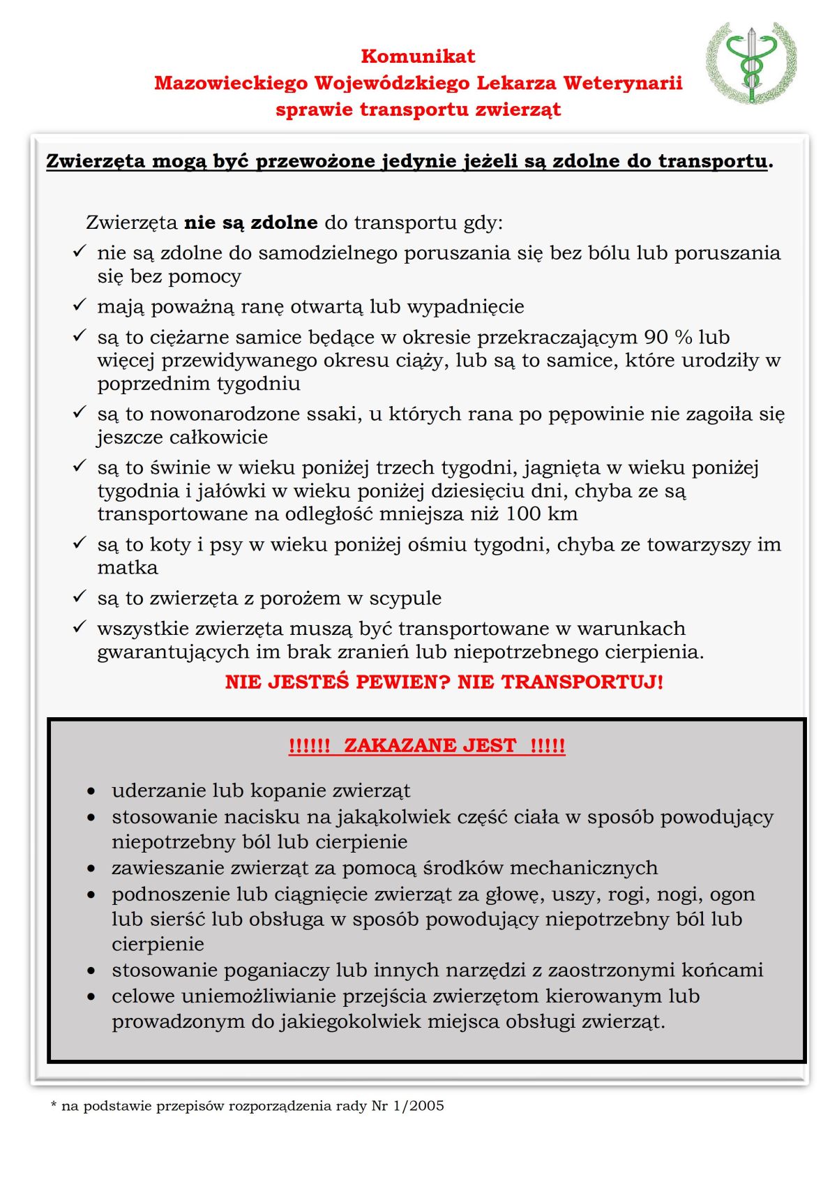 komunikat MWLW w sprawie transportu zwierząt-1