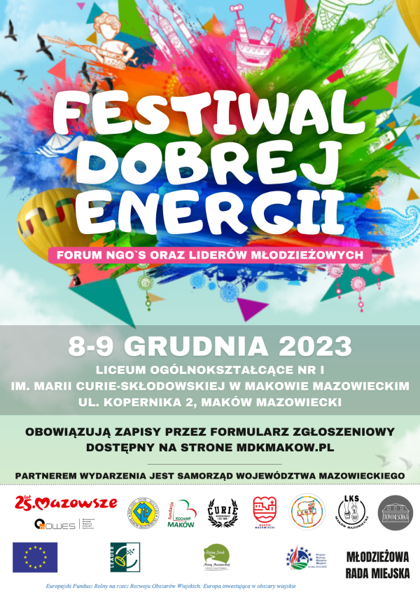 Plakat dotyczący Festiwalu Dobrej Energii w dniach 8-9 grudnia 2023