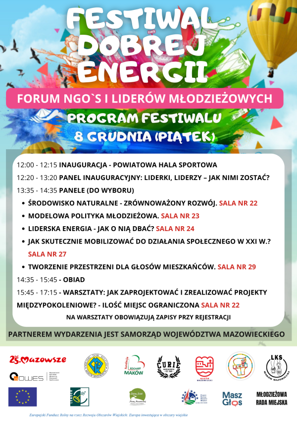 Plakat dotyczący Festiwalu Dobrej Energii w dniach 8-9 grudnia 2023