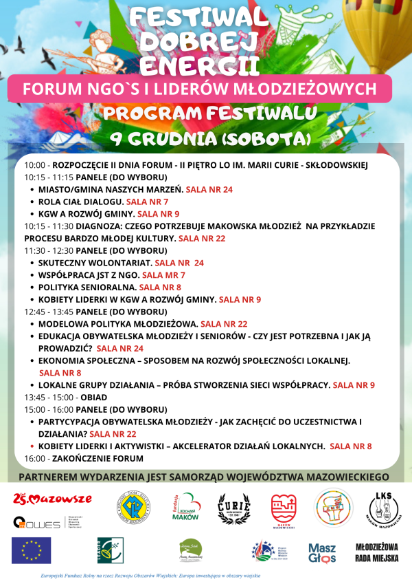 Plakat dotyczący Festiwalu Dobrej Energii w dniach 8-9 grudnia 2023