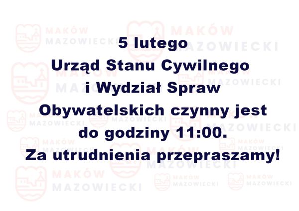 Skrócony czas pracy USC i Wydziału Spraw Obywatelskich - 5 lutego 2026 r.