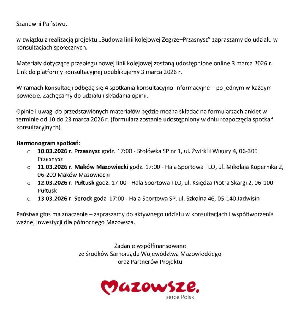 informacja o zbliżających się konsultacjach dot. przebiegu nowej trasy linii PKP