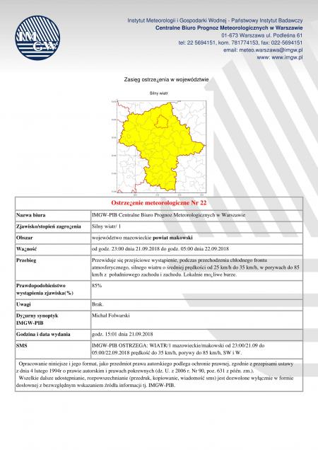 Ostrzeżenie meteorologiczne z dnia 21.09.2018