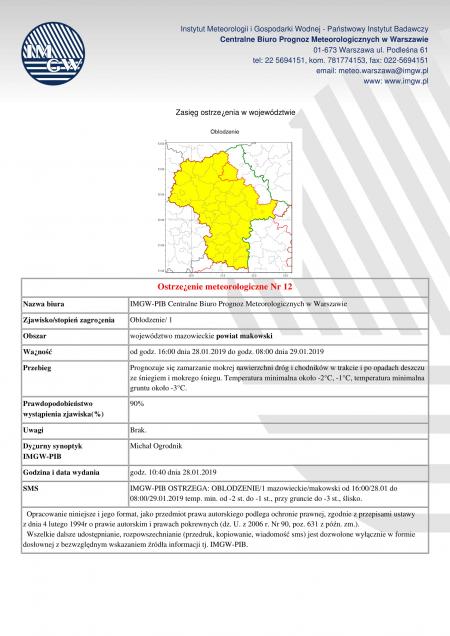 Ostrzeżenie meteorologiczne z dnia 28.01.2019 r.