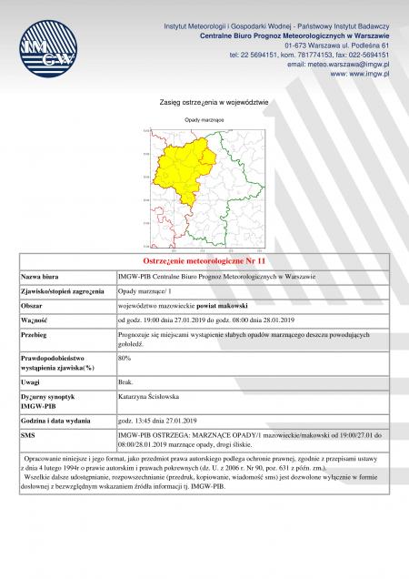 Ostrzeżenie meteorologiczne z dnia 27.01.2019 r.