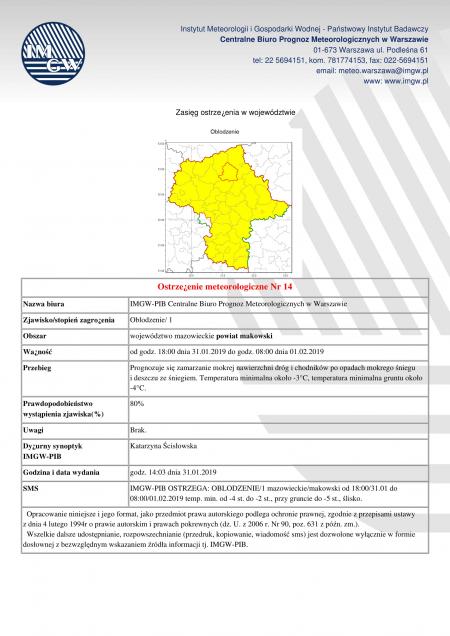 Ostrzeżenie meteorologiczne z dnia 31.01.2019 r.