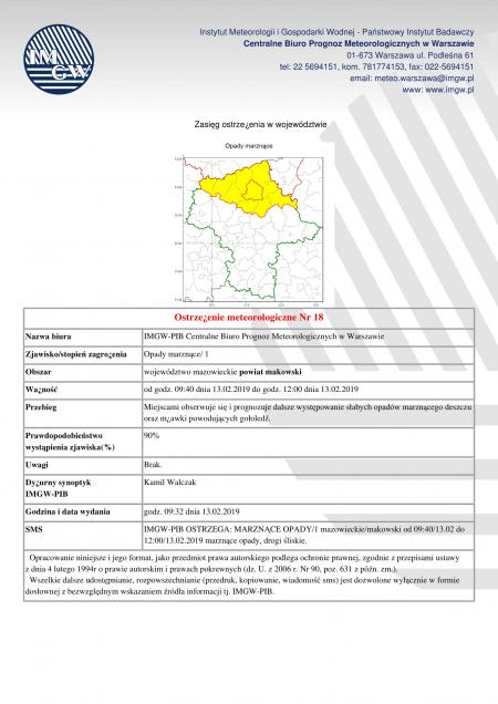 Ostrzeżenie meteorologiczne z dnia 13.02.2019 r.