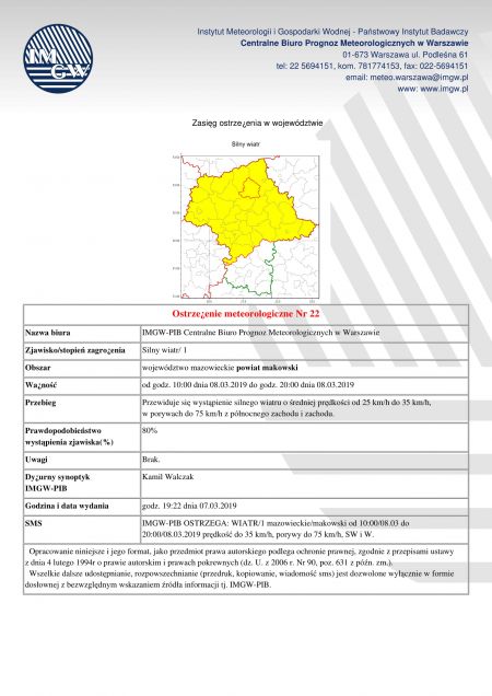 Ostrzeżenie meteorologiczne - 08.03.2019r.