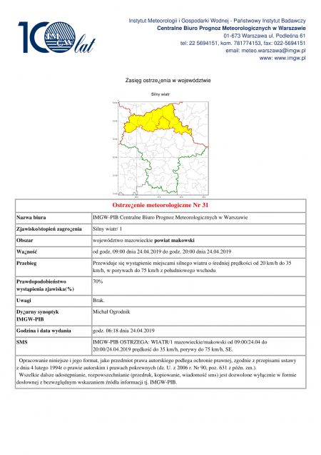 Ostrzeżenie meteorologiczne - 24.04.2019r.