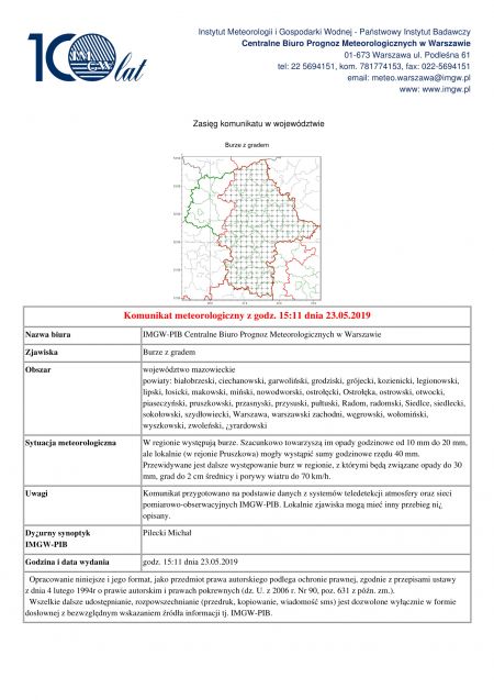 Ostrzeżenie meteorologiczne - 23.05.2019r.