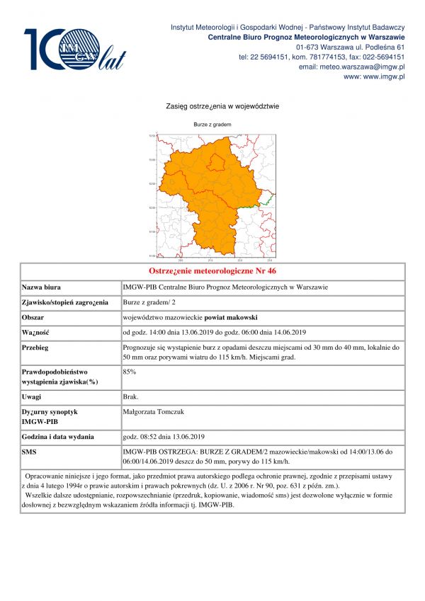 Ostrzeżenie meteorologiczne - 13.06.2019r.