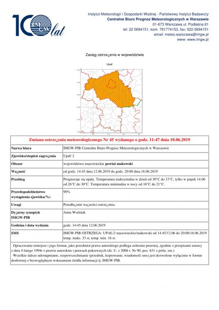 Zmiana ostrzeżenia meteorologicznego z dnia 10.06.2019 r.