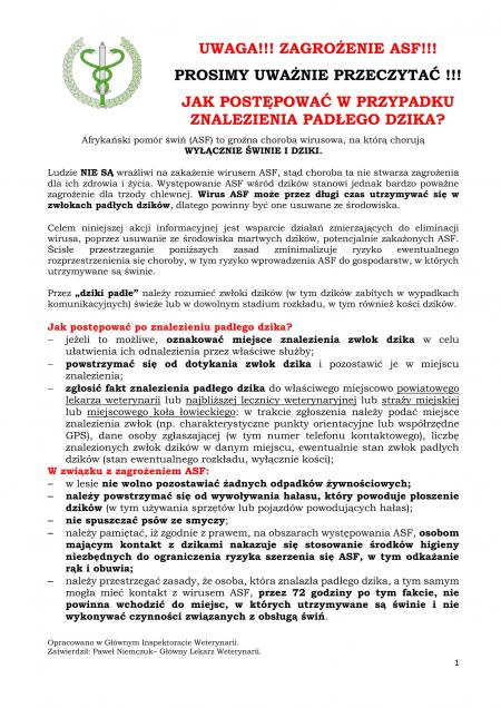 Ulotka - postępowanie w przypadku znalezienia padłego dzika