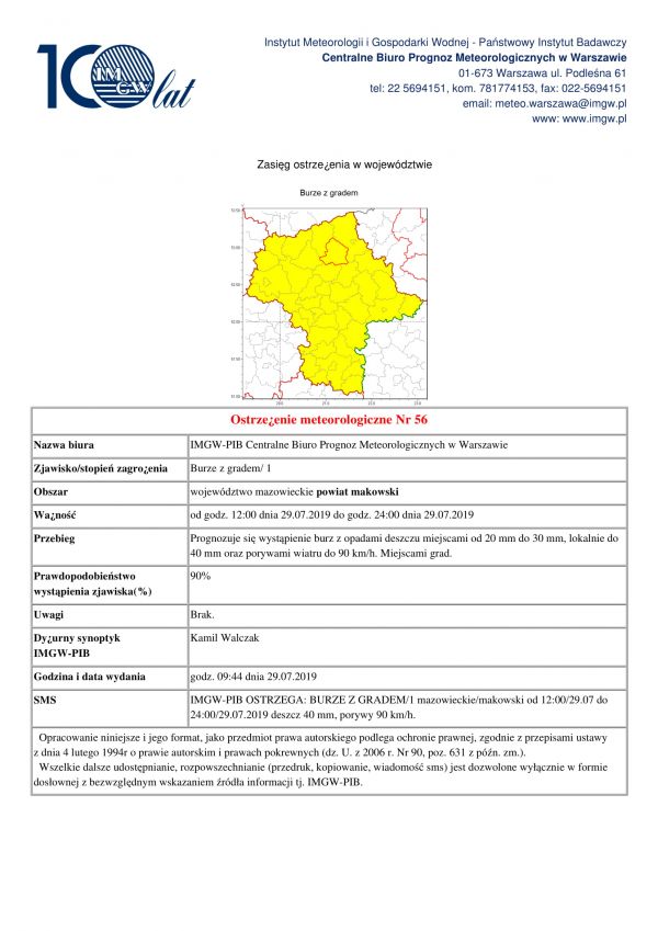 Ostrzeżenie meteorologiczne - 29.07.2019r.