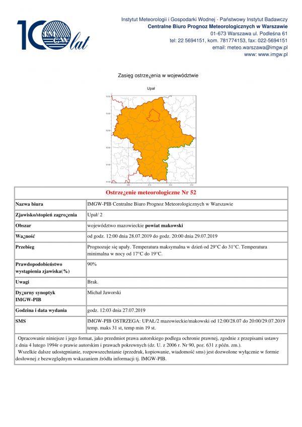 Ostrzeżenie meteorologiczne - 29.07.2019r.