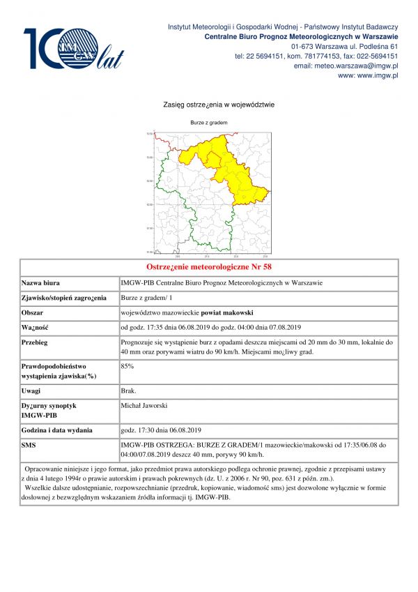 Ostrzeżenie meteorologiczne 07.08.2019 r.