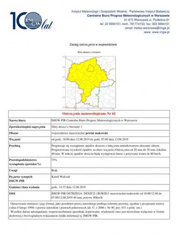 Ostrzeżenie meteorologiczne z dnia 12.08.2019 r.