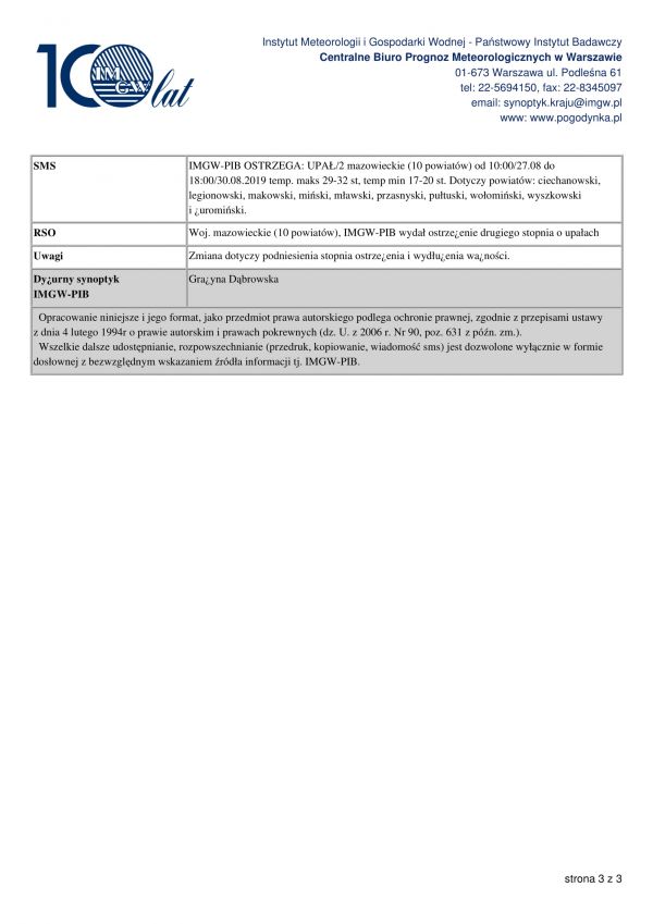 Ostrzeżenie meteorologiczne - 29.08.2019r.