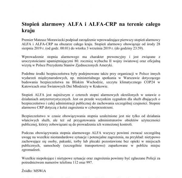 STOPIEŃ ALARMOWY ALFA I ALFA - CRP NA TERENIE CAŁEGO KRAJU