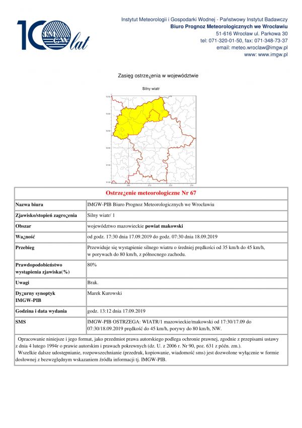 Ostrzeżenie meteorologiczne z 17.09.2019