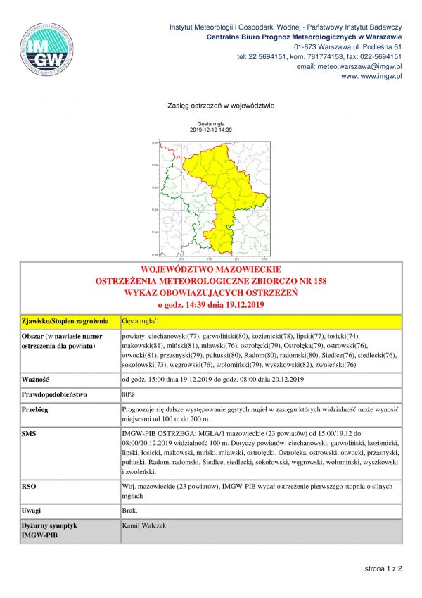 Ostrzeżenie meteorologiczne -19.12.2019 r.