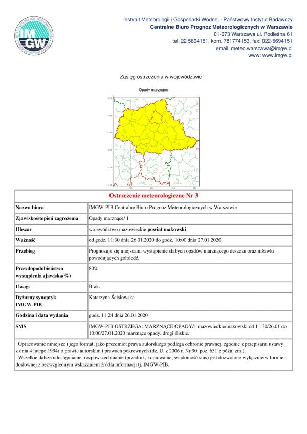 Ostrzeżenie meteorologiczna z dnia 26.01.2020