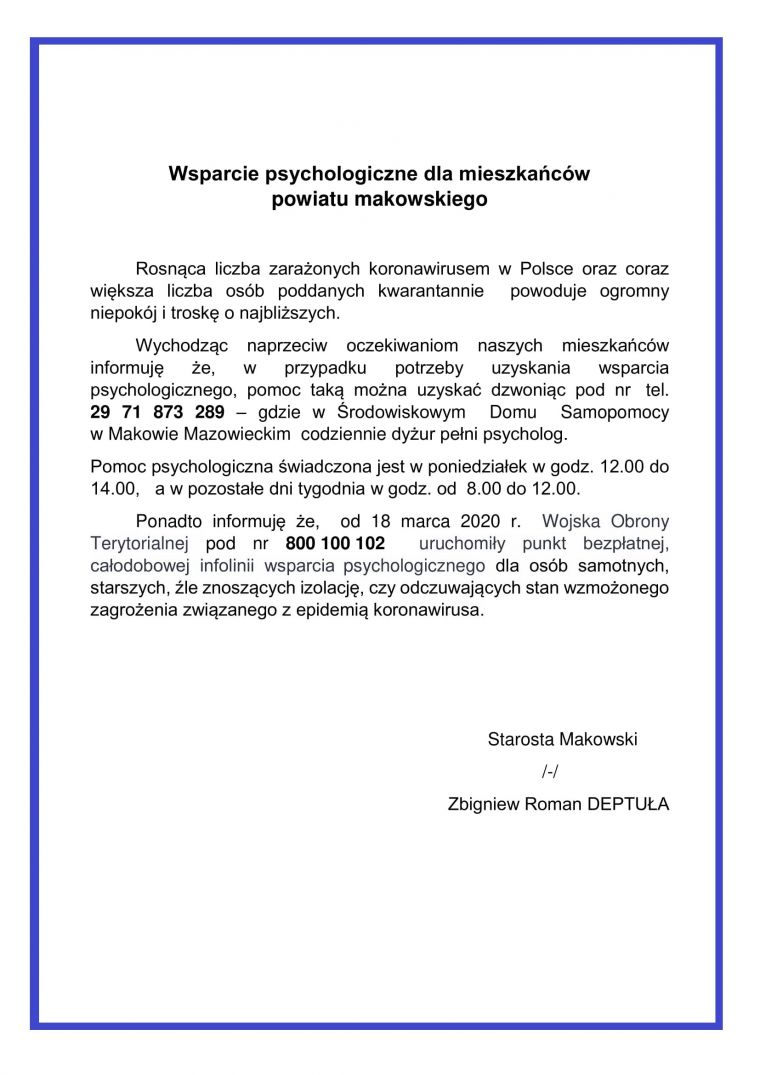 Wsparcie psychologiczne dla mieszkańców powiatu makowskiego