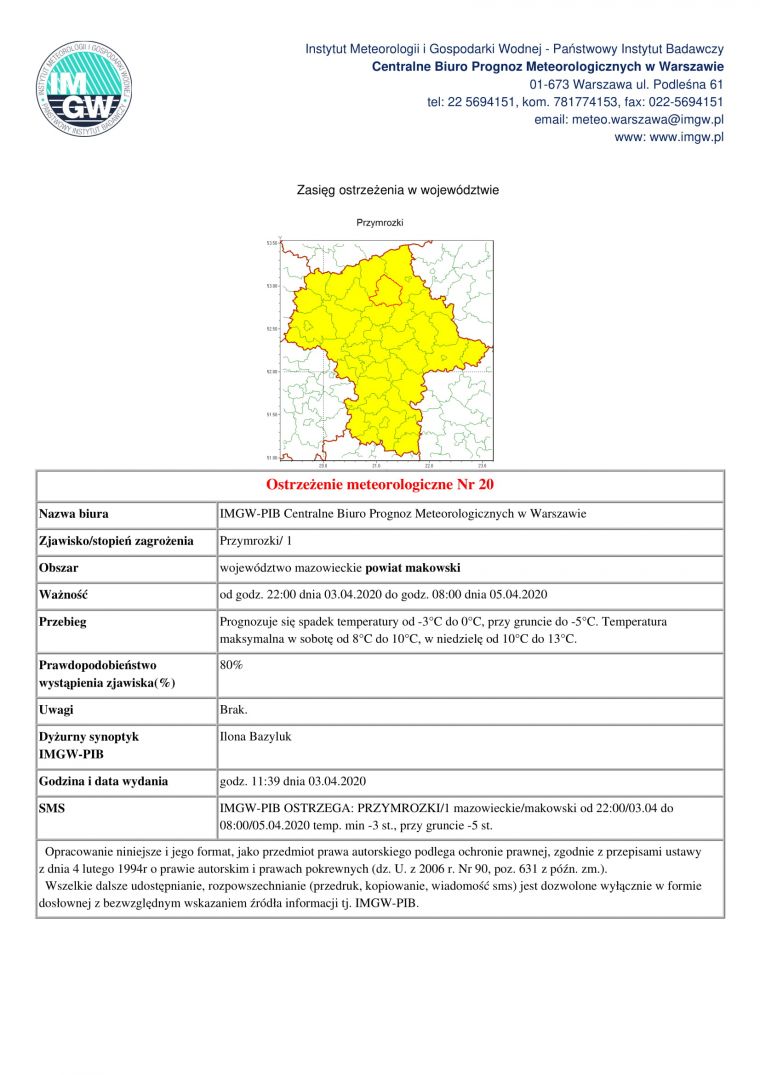 Ostrzeżenie meteorologiczne z dnia 03.04.2020