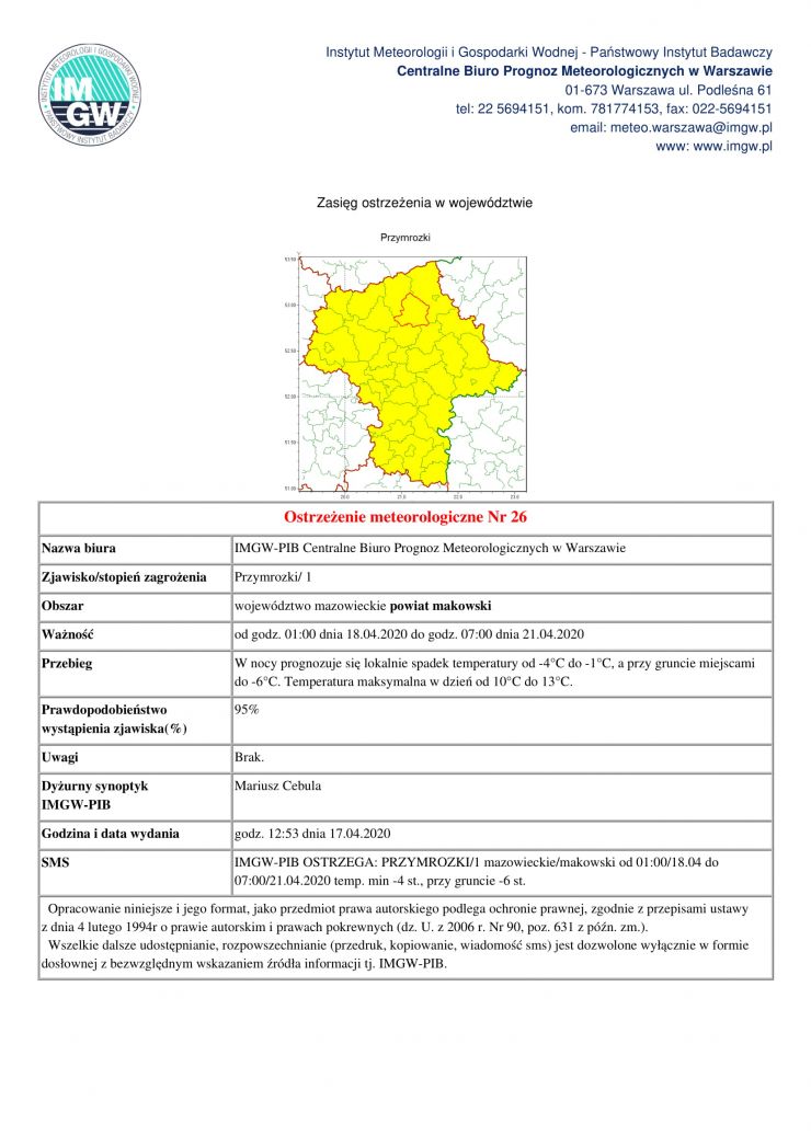 Ostrzeżenie meteorologiczne z dnia 17 kwietnia 2020 roku