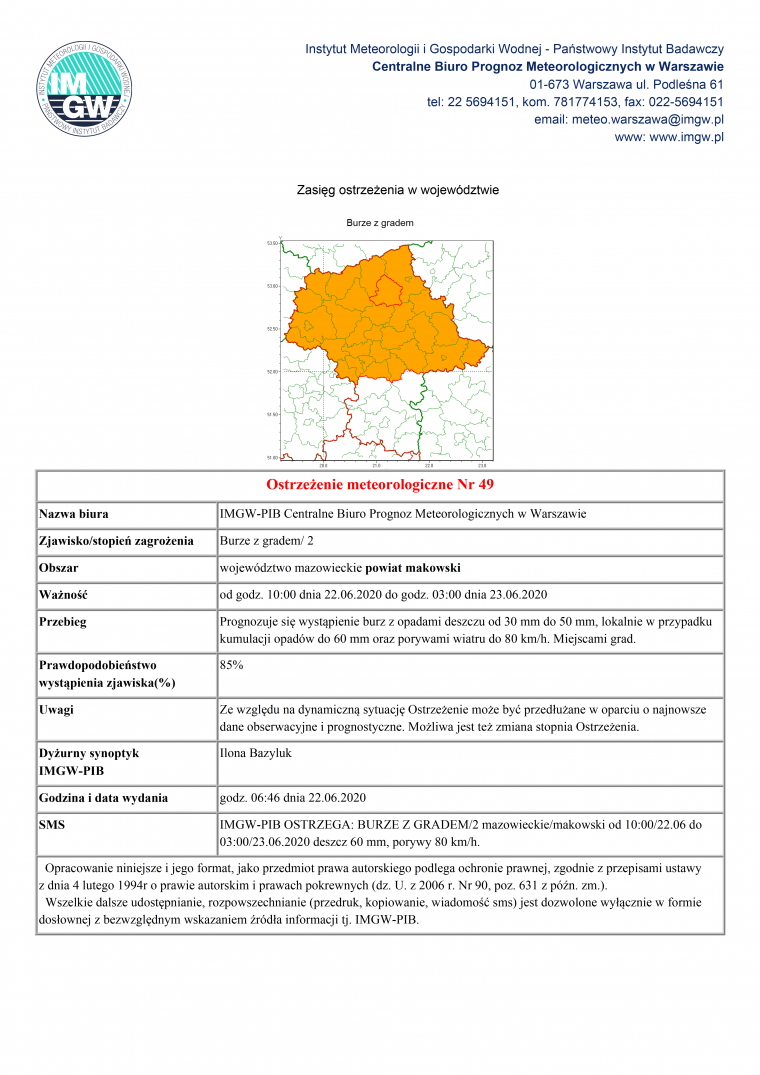 Ostrzeżenie meteorologiczne - 22.06.2020r.