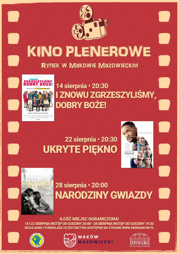 "kino plenerowe, ul. Rynek, 14 sierpnia, tytuł filmu: I znowu zgrzeszyliśmy dobry Boże, godzina 20:30, 22 sierpnia, godzina...