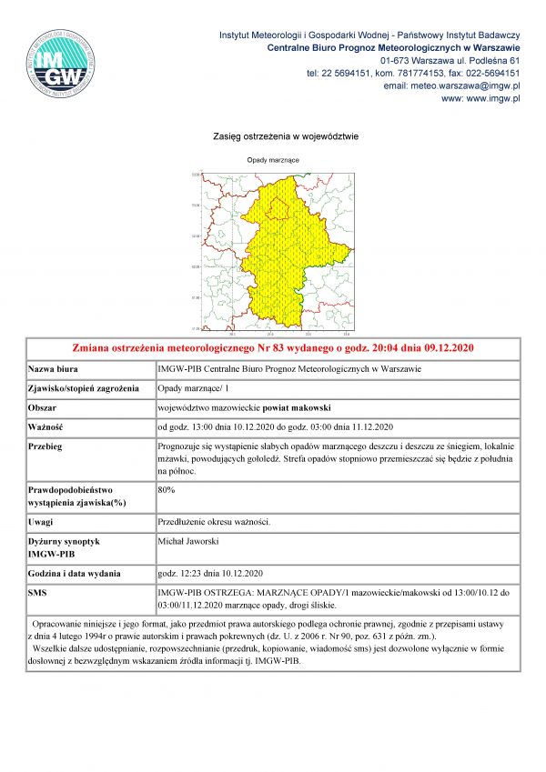 Ostrzeżenie meteorologiczne o opadach marznących w dniu 10 i 11 grudnia 2020