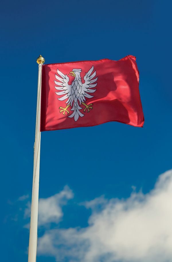 Flaga Mazowska, cała czerwona, po lewej stronie symbol...