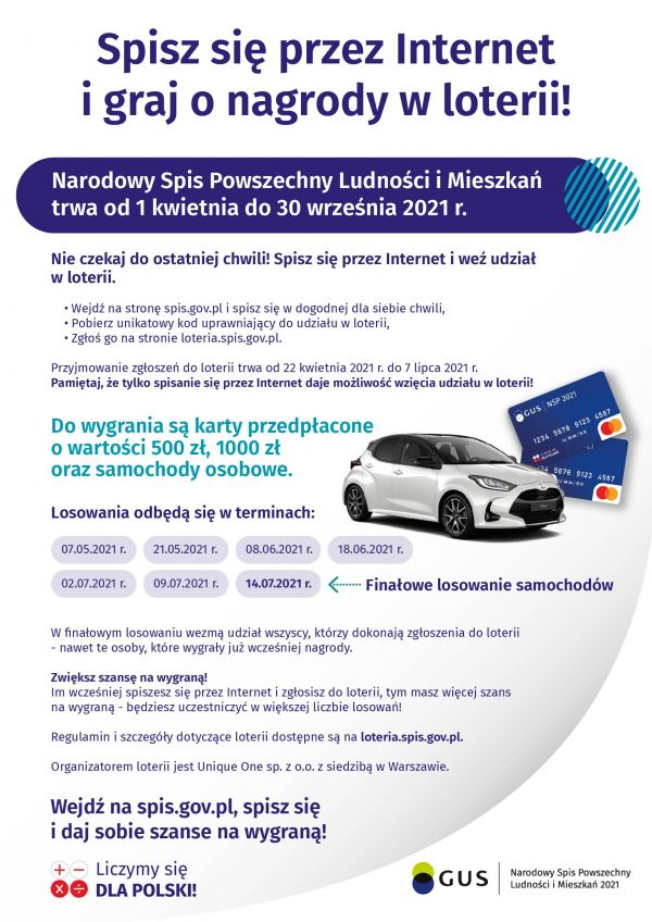 Na górze grafiki jest napis: Loteria Narodowego Spisu Powszechnego Ludności i Mieszkań 2021. Poniżej jest napis: Sprawdź co...
