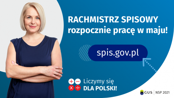 Po lewej stronie grafiki widać kobietę w średnim wieku. Po prawej stronie grafiki jest napis: Rachmistrz spisowy rozpocznie...