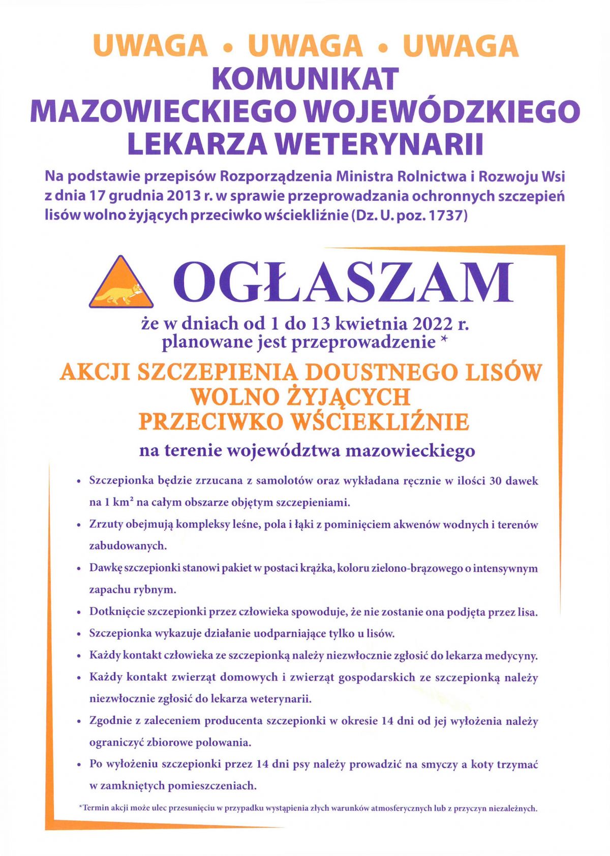 Ogłoszenie, że w dniach od 1 do 13 kwietnia 2022 r. planowane jest przeprowadzenie akcji szczepienia doustnego lisów...