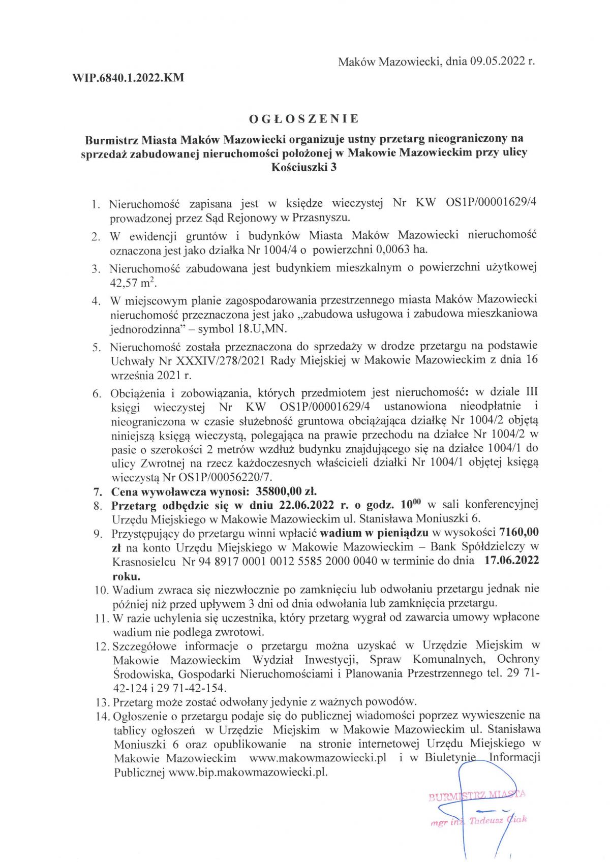 Ogłoszenie Burmistrza miasta Maków Mazowiecki o ogłoszeniu przetargu nieogranocznego na sprzedaż zabudowanej nieruchomości...