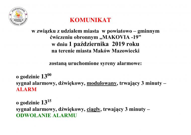 KOMUNIKAT O ĆWICZENIU OBRONNYM "MAKOVIA - 19"