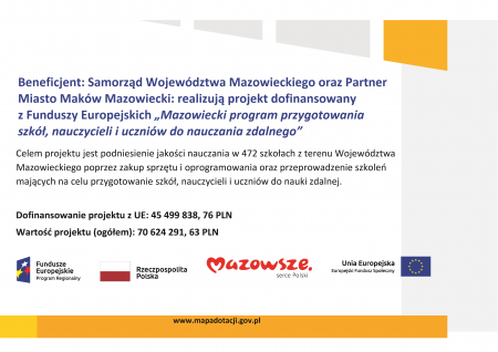 DOFINANSOWANIE "MAZOWIECKIEGO PROGRAMU PRZYGOTOWANIA SZKÓŁ, NAUCZYCIELI I UCZNIÓW DO NAUCZANIA ZDALNEGO"