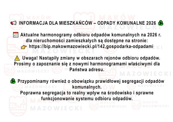 Aktualne harmonogramy odbioru odpadów komunalnych na 2026 r. dla nieruchomości zamieszkałych